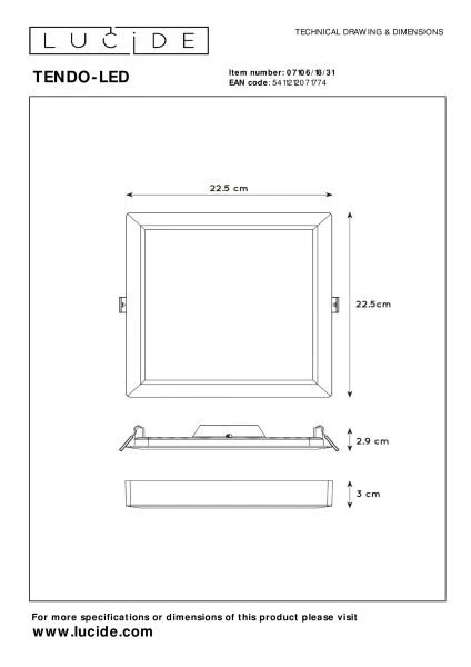 Lucide TENDO-LED - Plafonnier - LED - 1x18W 3000K - Blanc - technique